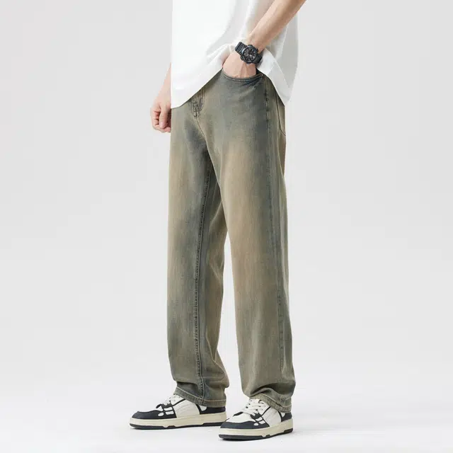 雅鹿 宽松直筒百搭牌中腰水洗耐磨复古做旧牛仔裤 男款 黄泥