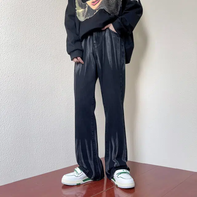雅鹿 做旧中腰拉链宽松阔腿牛仔裤 男女同款 黑色
