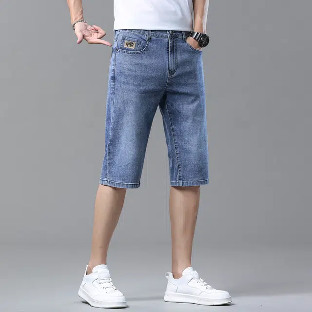 雅鹿 薄款直筒宽松休闲美式潮牌五分水洗耐磨牛仔短裤 男款 磨白蓝