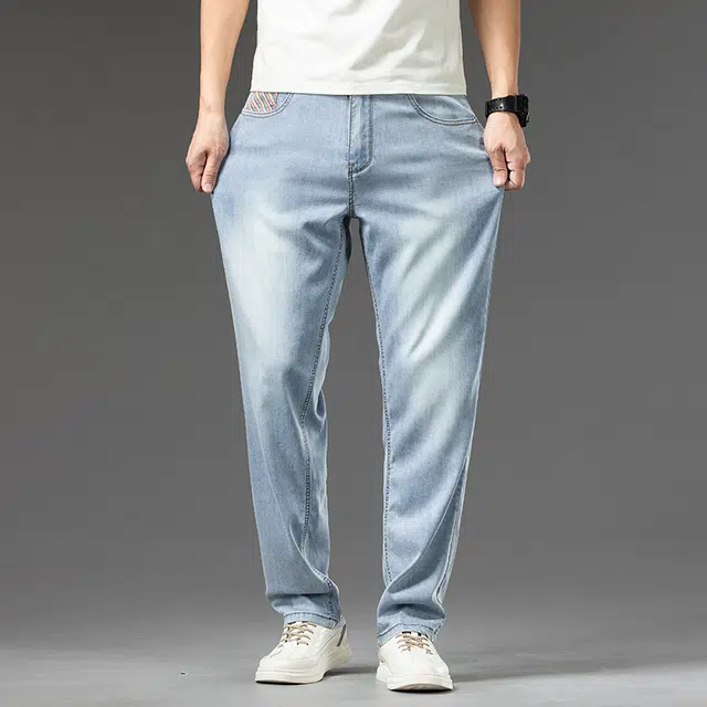 雅鹿 宽松直筒休闲百搭水洗耐磨高街美式牛仔裤 男款 冰丝蓝