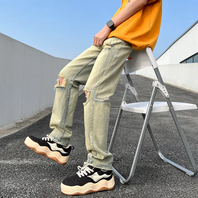 雅鹿 中腰宽松破洞牛仔裤 男女同款 泥黄色