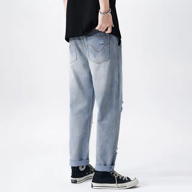 雅鹿 直筒宽松破洞水洗牛仔裤 男款 浅蓝