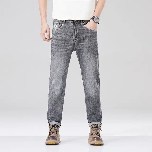 雅鹿 复古水洗直筒修身锥形弹力牛仔裤 男款 烟灰