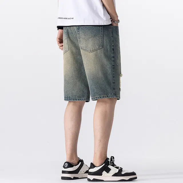 雅鹿 做旧嘻哈街头破洞时尚潮流宽松百搭五分裤牛仔短裤 男款 黄泥蓝