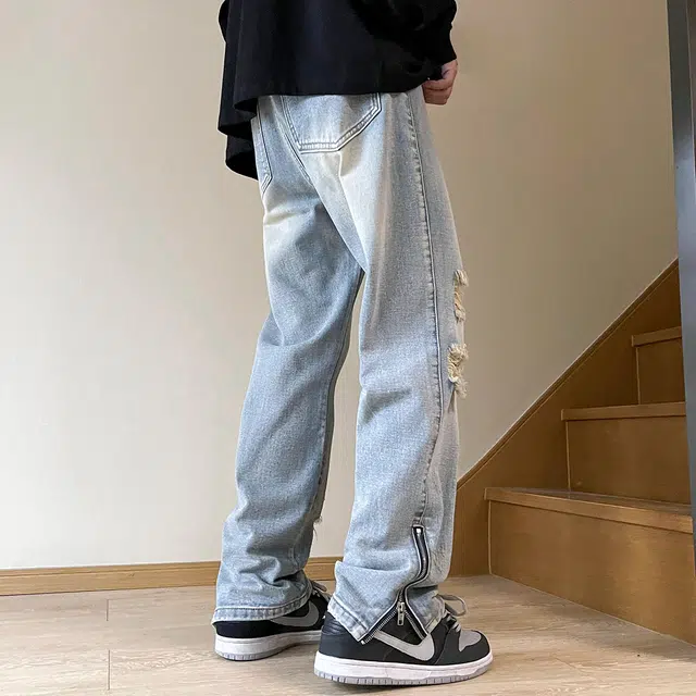 雅鹿 复古休闲中腰宽松拉链破洞牛仔裤 男女同款