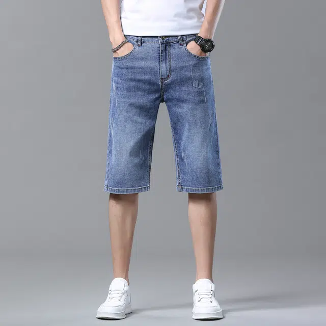 雅鹿 百搭复古水洗薄款耐磨宽松五分牛仔短裤 男款 磨白蓝