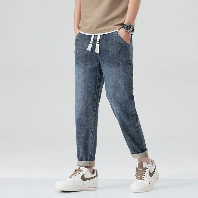 雅鹿 抽绳美式复古直筒休闲百搭水洗耐磨牛仔裤 男款