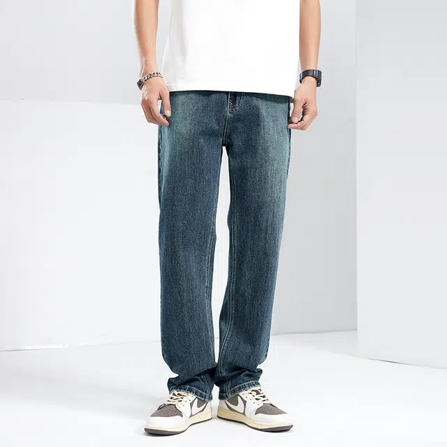 雅鹿 直筒百搭美式高街水洗做旧宽松牛仔裤 男款 蓝色
