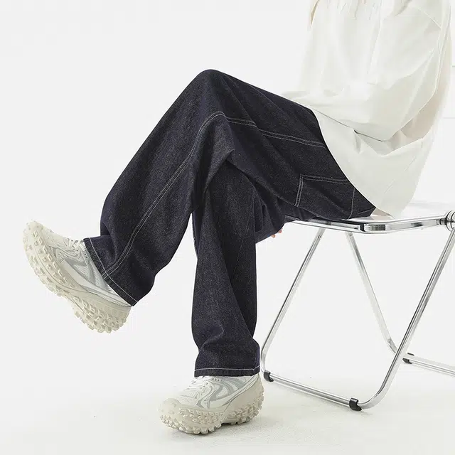 雅鹿 纯色中腰系带简约宽松百搭阔腿牛仔裤 男款 蓝黑