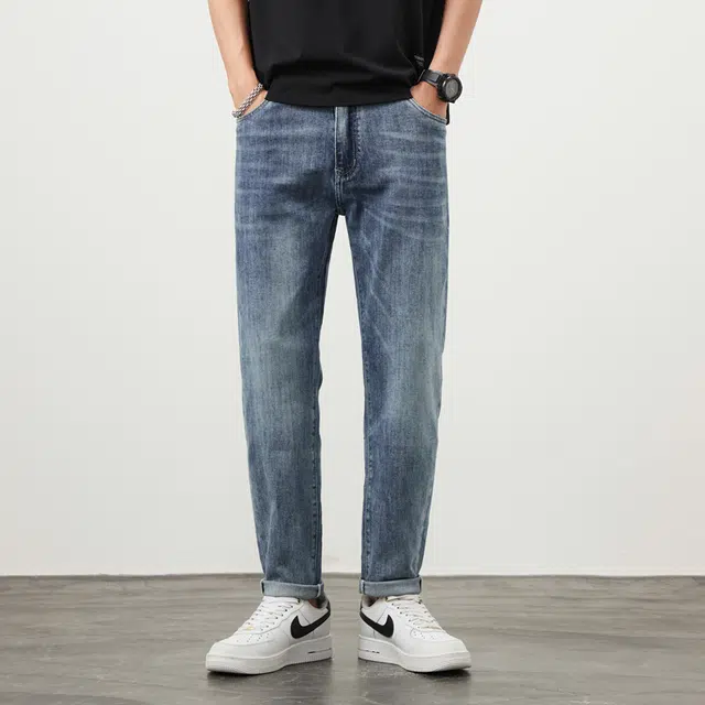 雅鹿 水洗弹力美式宽松直筒牛仔裤 男款 蓝色