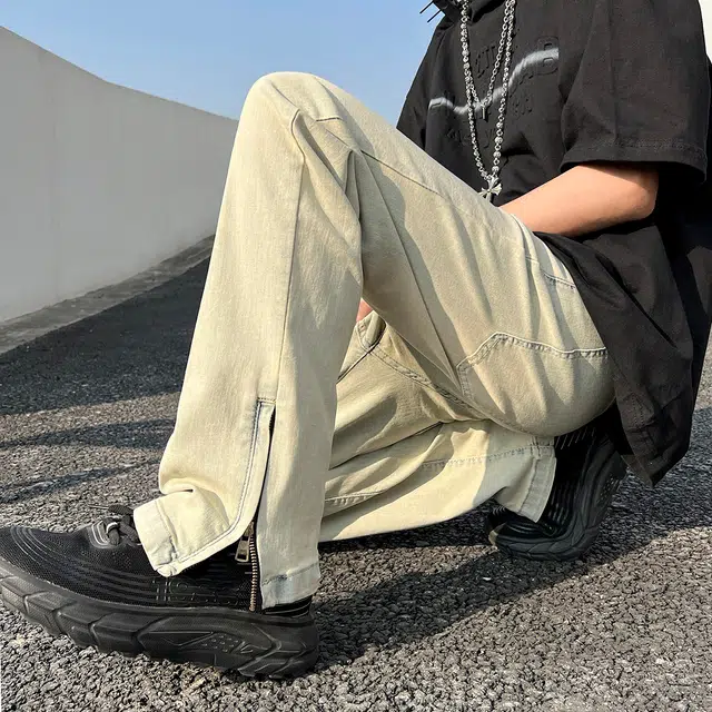 雅鹿 美式开叉直筒复古做旧耐磨水洗牛仔裤 男女同款 泥黄