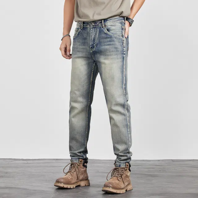 雅鹿 美式工装复古潮牌直筒宽松牛仔裤 男款 浅蓝