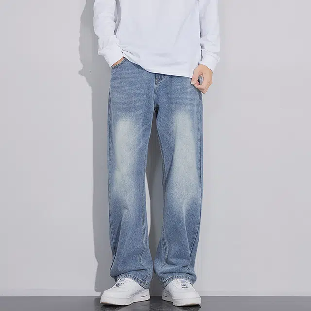 雅鹿 美式高街直筒宽松时尚耐磨水洗牛仔裤 男款 浅蓝色