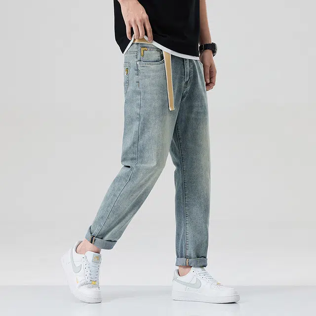 雅鹿 宽松直筒水洗做旧弹力休闲百搭牛仔裤 男款 蓝色