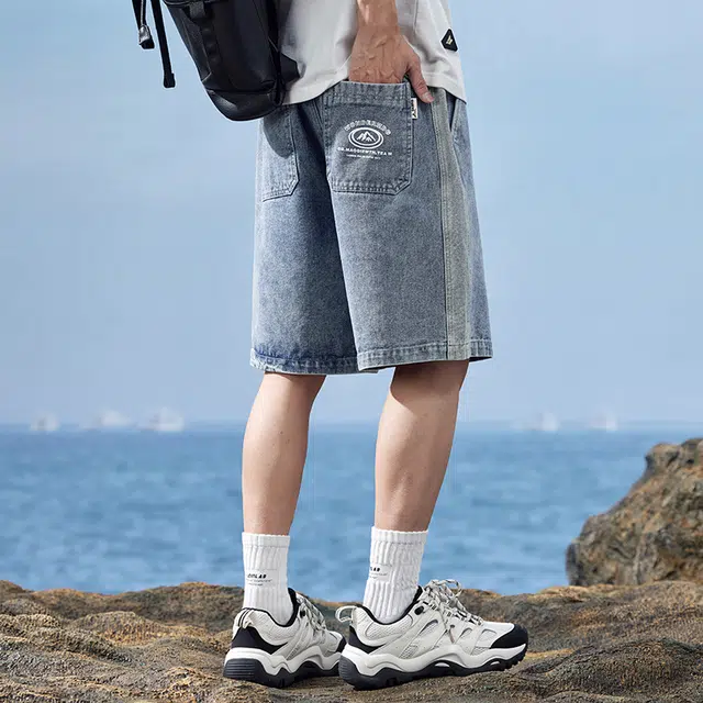 雅鹿 复古水洗做旧薄款宽松百搭五分牛仔短裤 男款