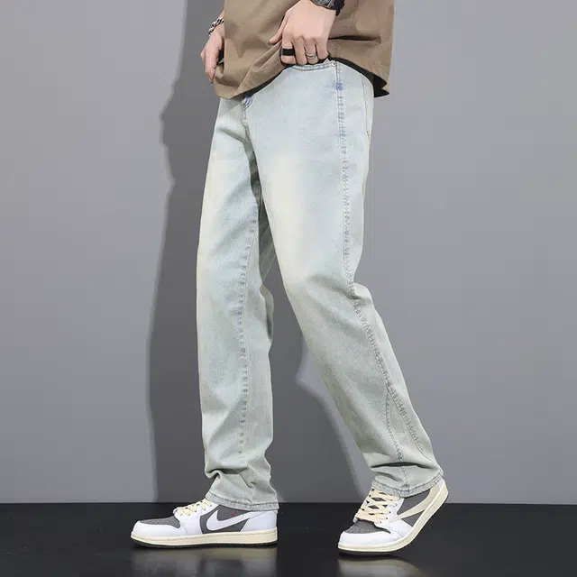 雅鹿 高街复古水洗做旧百搭休闲宽松直筒牛仔裤 男款