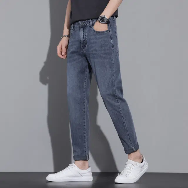 雅鹿 潮牌百搭休闲中腰潮牌直筒牛仔裤 男款 蓝色