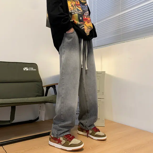 雅鹿 渐变复古美式高街宽松休闲百搭阔腿牛仔裤 男女同款