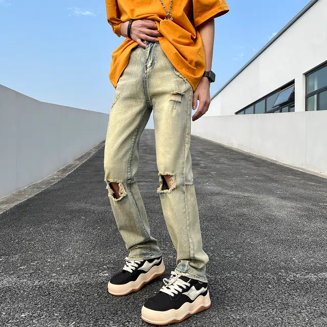 雅鹿 中腰宽松破洞牛仔裤 男女同款 泥黄色