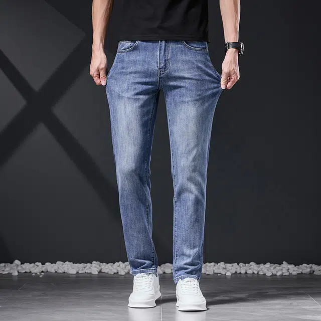 雅鹿 水洗耐磨高街百搭时尚直筒潮牌轻奢商务中腰牛仔裤 男款 蓝色