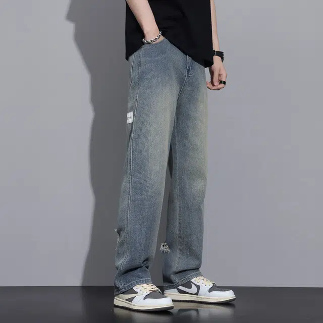 雅鹿 美式复古破洞宽松休闲牛仔裤 男款 怀旧色