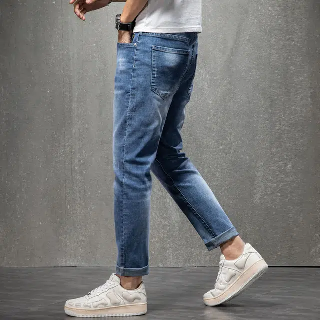 雅鹿 弹力修身直筒哈伦水洗做旧九分牛仔裤 男款 蓝色