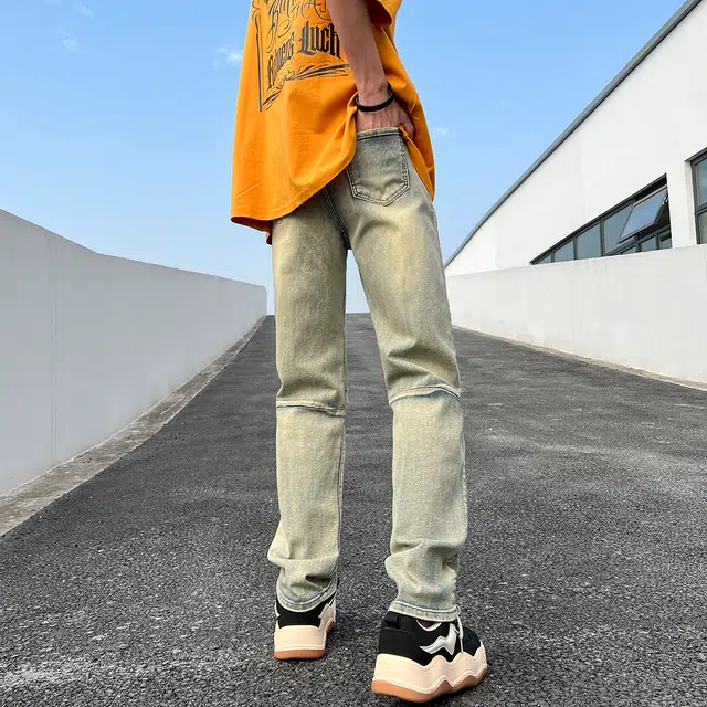 雅鹿 中腰宽松破洞牛仔裤 男女同款 泥黄色