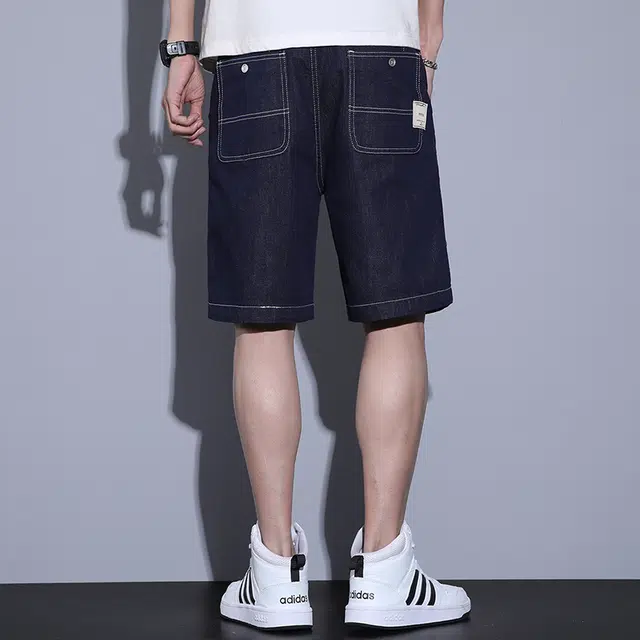 雅鹿 纯色简约潮牌中腰系带宽松百搭时尚五分牛仔短裤 男款 蓝色
