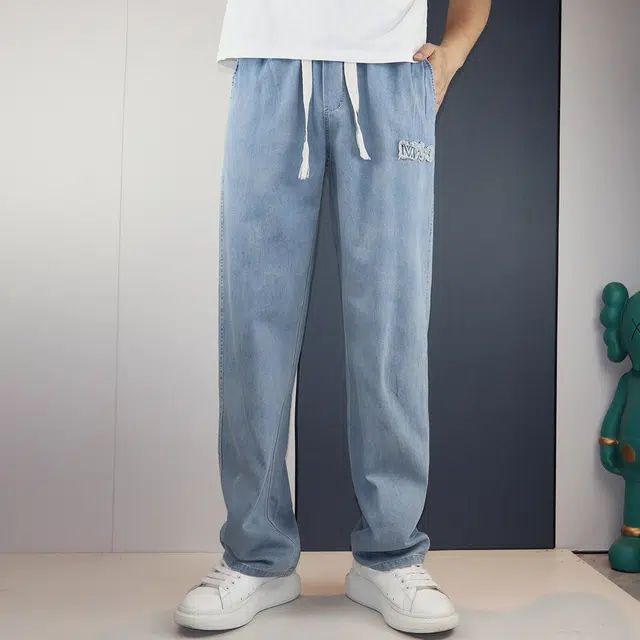 雅鹿 中腰宽松系带牛仔裤 男款 浅蓝