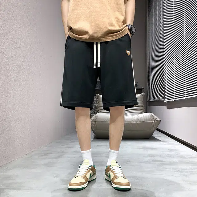 雅鹿 宽松拼色简约百搭运动系带篮球中腰薄款五分休闲短裤 男款