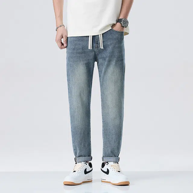 雅鹿 美式复古潮牌宽松水洗直筒牛仔裤 男款 深蓝