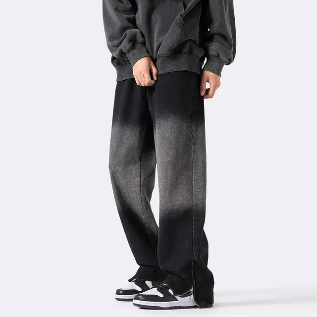 雅鹿 渐变百搭潮牌宽松阔腿百搭直筒休闲垂感显瘦水洗复古牛仔裤 男款 黑色