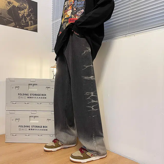 雅鹿 渐变薄款直筒阔腿高街宽松休闲百搭牛仔裤 男女同款