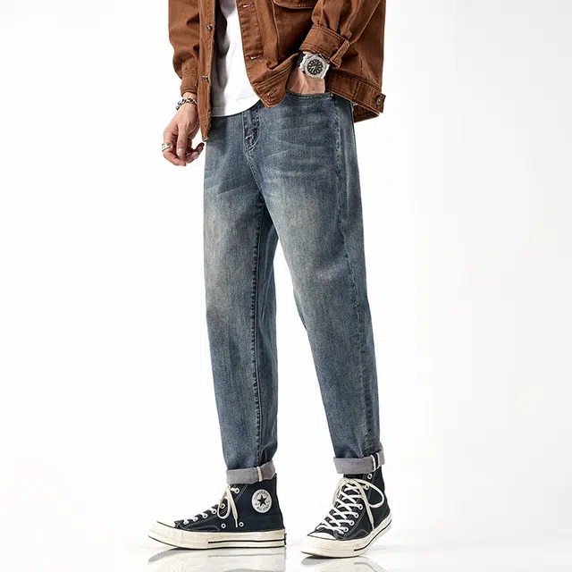 雅鹿 美式高街复古修身直筒中腰耐磨水洗牛仔裤 男款