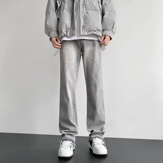 雅鹿 美式高街复古百搭直筒宽松水洗耐磨中腰牛仔裤 男款 浅烟灰