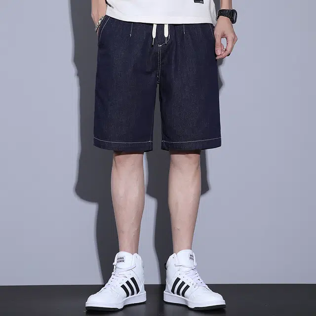 雅鹿 纯色简约潮牌中腰系带宽松百搭时尚五分牛仔短裤 男款 蓝色