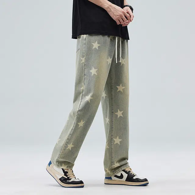 雅鹿 黄泥星星宽松阔腿百搭直筒系带中腰水洗耐磨潮牌牛仔裤 男款 泥黄