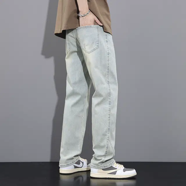 雅鹿 高街复古水洗做旧百搭休闲宽松直筒牛仔裤 男款