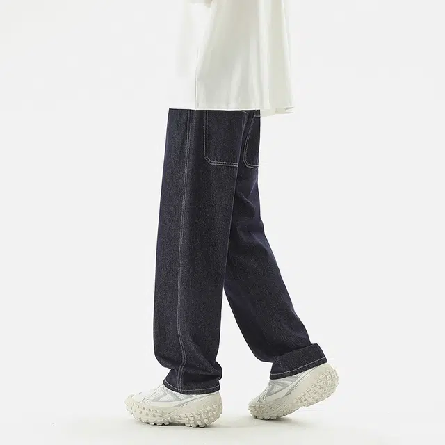 雅鹿 纯色中腰系带简约宽松百搭阔腿牛仔裤 男款 蓝黑