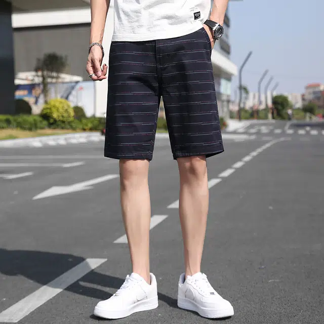 雅鹿 条纹纯棉百搭薄款宽松中腰潮牌简约沙滩裤运动五分休闲短裤 男款