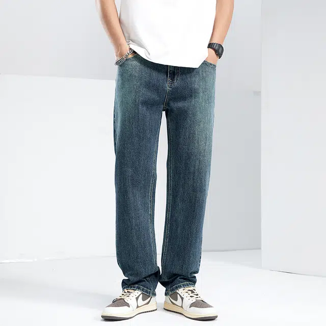 雅鹿 直筒百搭美式高街水洗做旧宽松牛仔裤 男款 蓝色