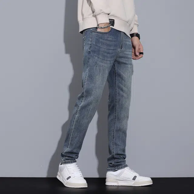 雅鹿 修身百搭直筒时尚潮流裤子牛仔裤 男款 蓝色