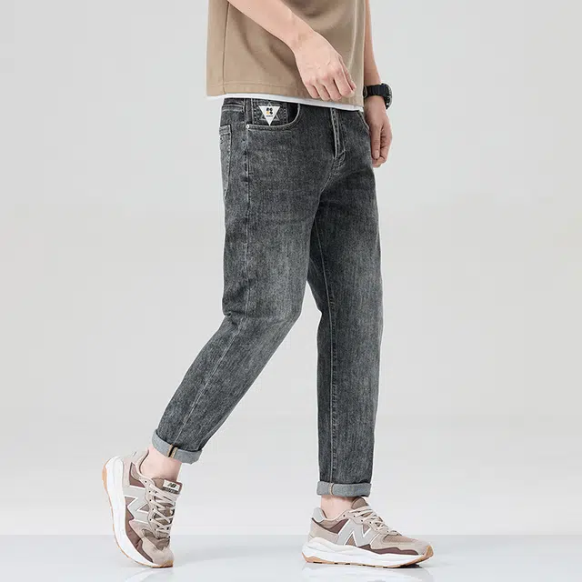 雅鹿 复古水洗做旧宽松弹力直筒休闲百搭牛仔裤 男款 黑灰