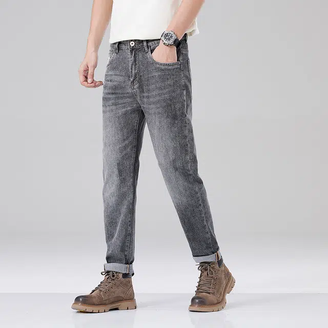 雅鹿 复古水洗直筒修身锥形弹力牛仔裤 男款 烟灰
