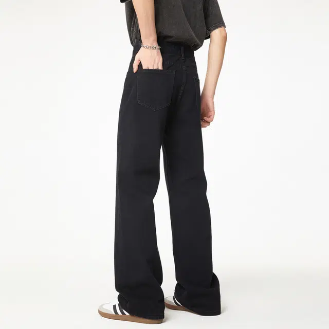 雅鹿 纯色拉链时尚百搭宽松阔腿微喇复古耐磨牛仔裤 男女同款