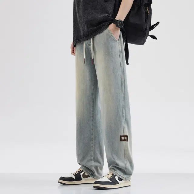 雅鹿 复古水洗做旧直筒休闲百搭宽松抽绳牛仔裤 男款 浅黄泥