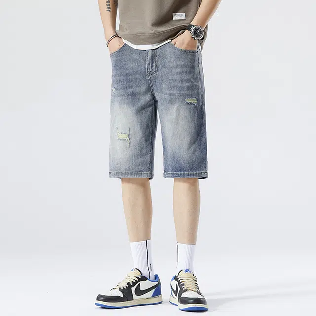 雅鹿 破洞宽松水洗耐磨中腰牛仔短裤 男款 蓝色