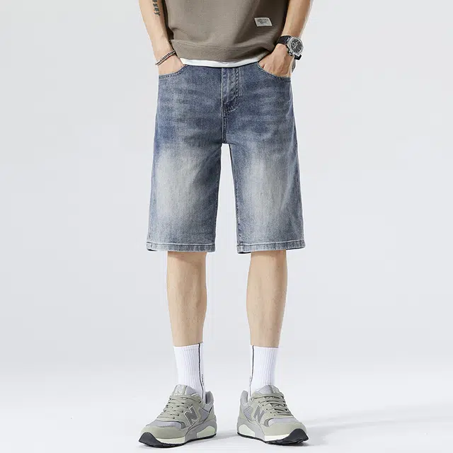 雅鹿 水洗中腰宽松直筒水洗耐磨牛仔短裤 男款 蓝色
