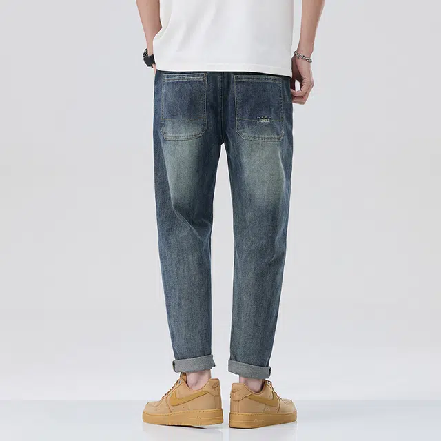 雅鹿 宽松直筒哈伦系带休闲牛仔裤 男款 蓝色