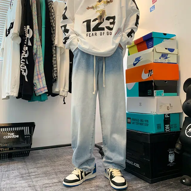 雅鹿 渐变复古美式高街宽松休闲百搭阔腿牛仔裤 男女同款